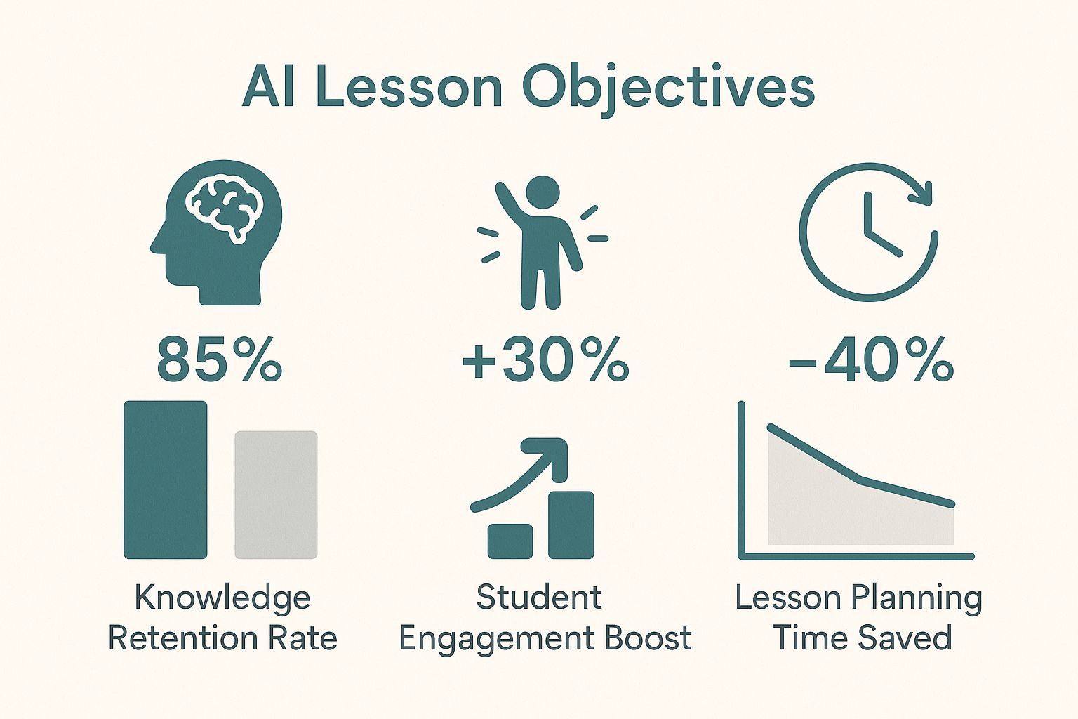 Infographic showing that defining AI lesson objectives leads to an 85% knowledge retention rate, a 30% boost in student engagement, and a 40% reduction in lesson planning time.