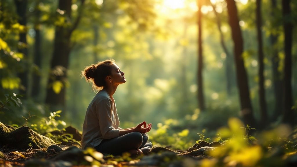 A person sitting in a relaxed, meditative pose with a calm expression.