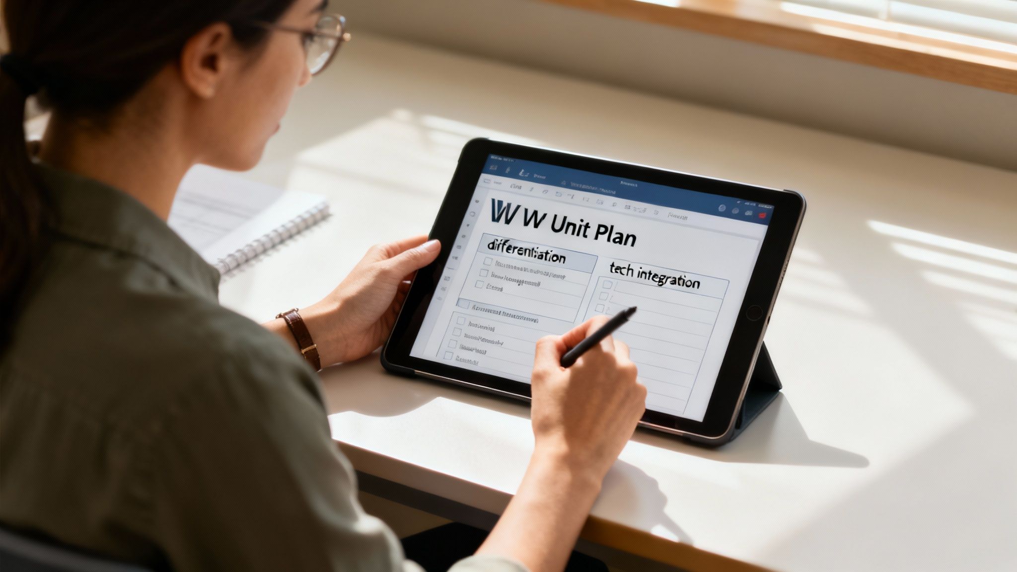 A teacher adapting a unit plan template to better suit their students' needs.