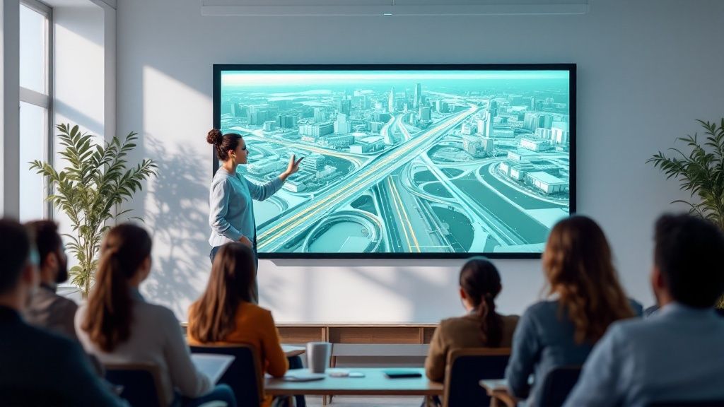 A teacher reviewing student work on a tablet with an overlay of digital assessment icons.