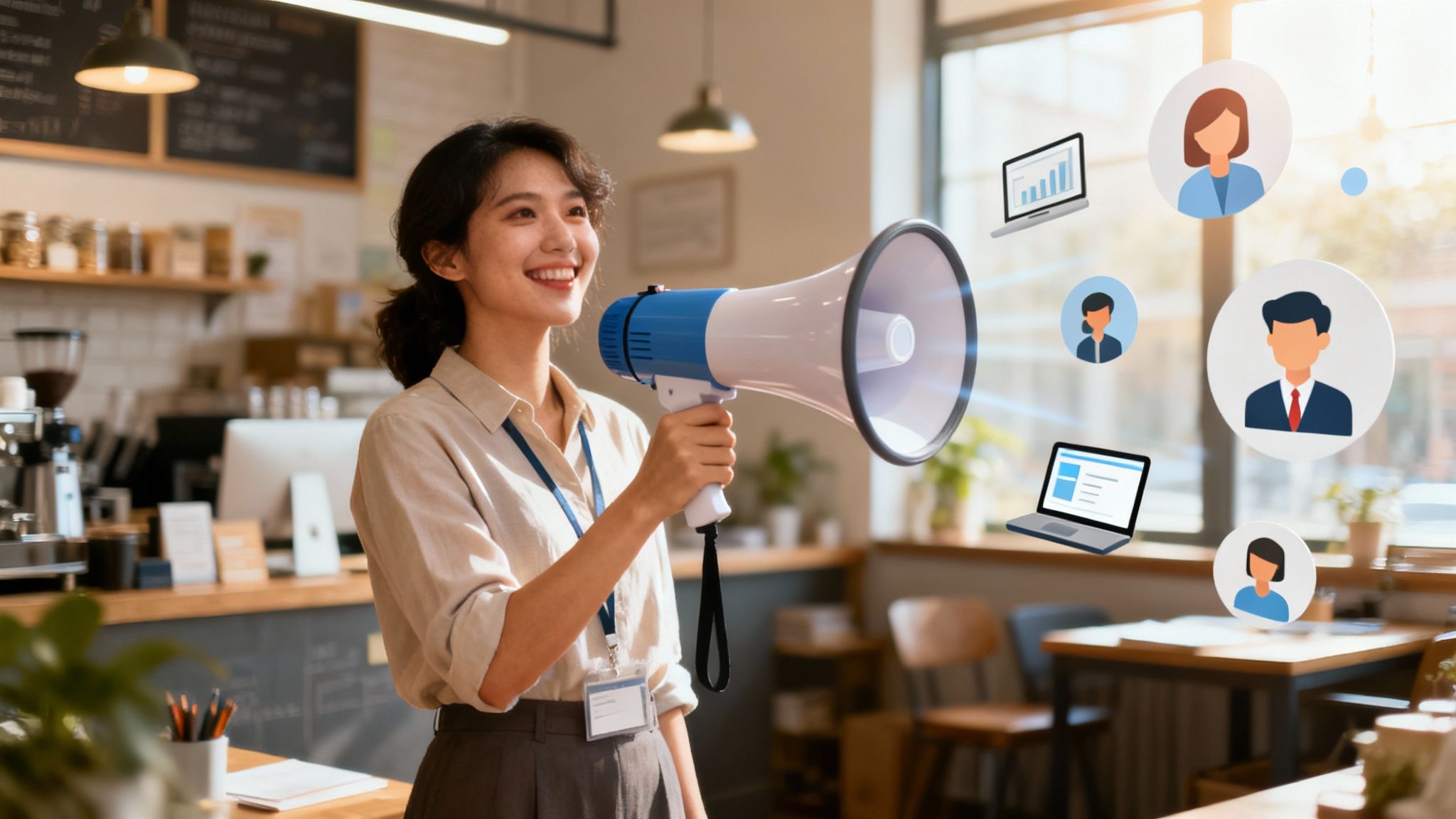 A person sitting at a desk with a laptop, planning their digital marketing strategy with sticky notes on the wall.