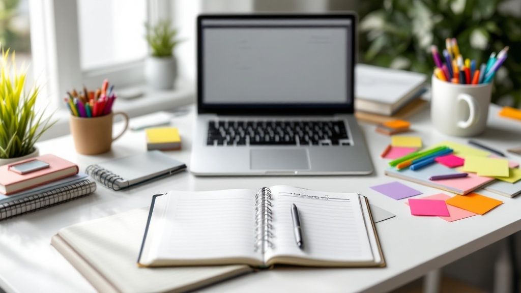 A person writing in a notebook, focused on making a study guide.