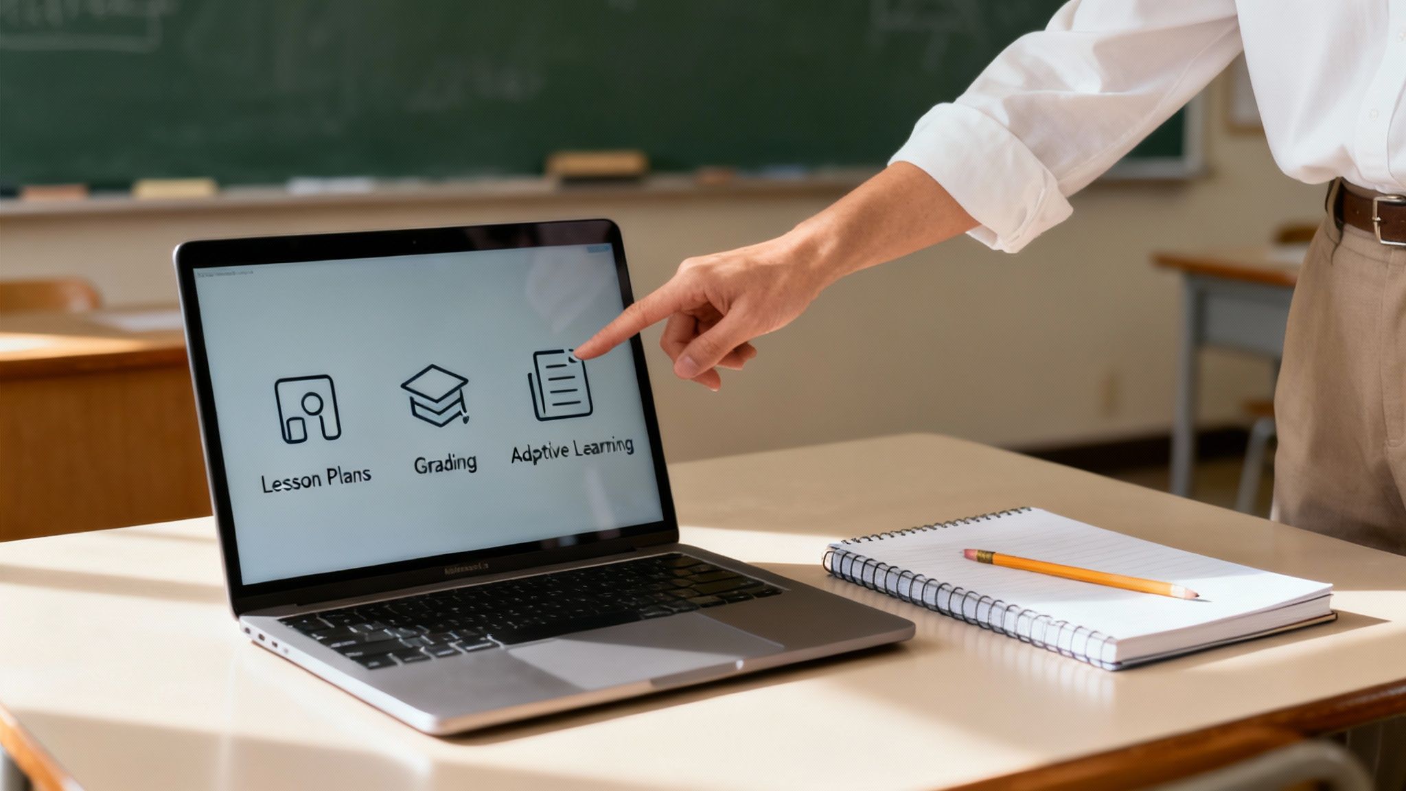 A teacher works on a laptop in a colorful, modern classroom setting, surrounded by educational materials and bright light.