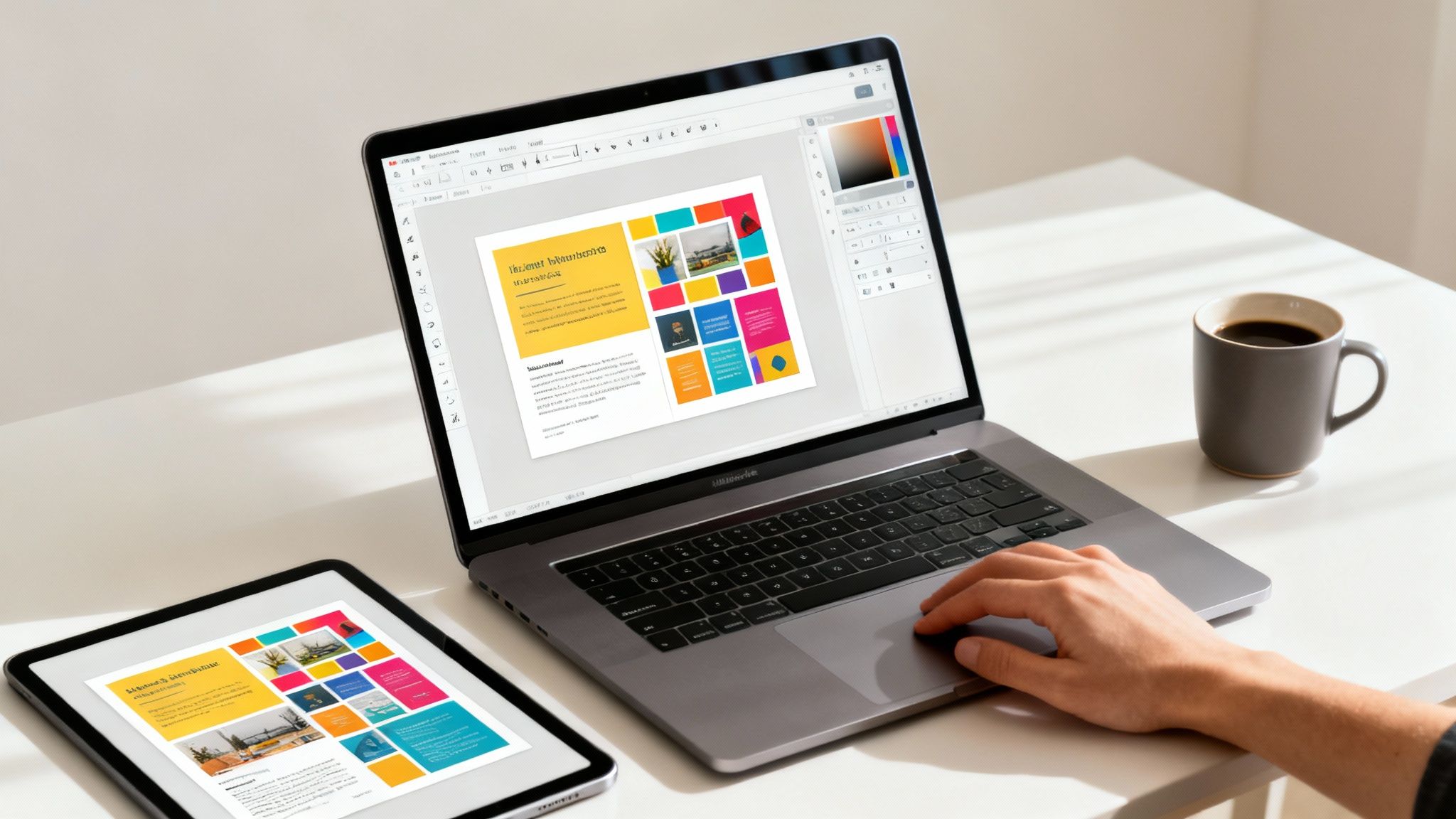 A person designing a digital product on a laptop, with user-friendly software on the screen.