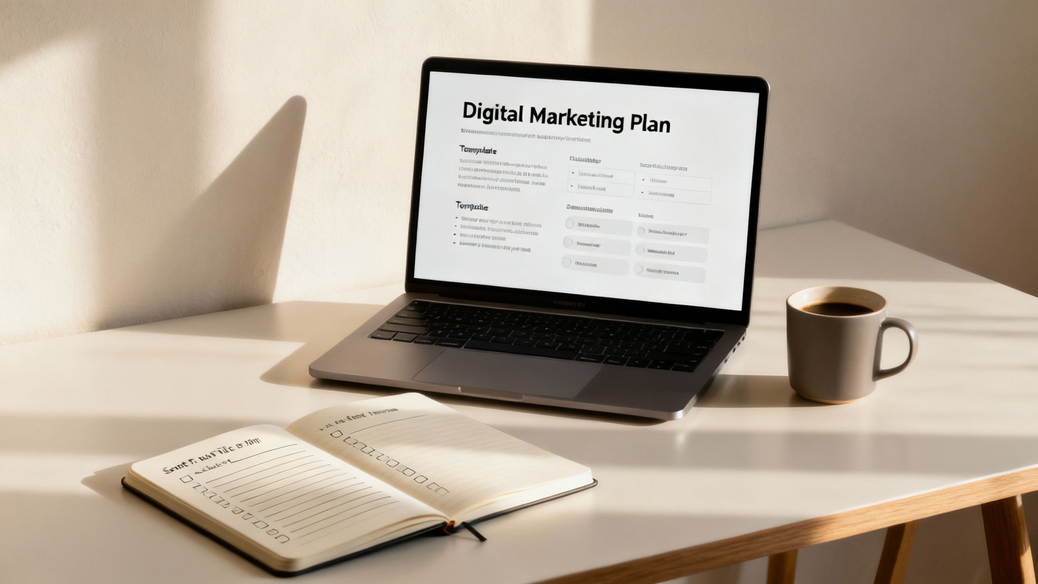A person working on a laptop at a desk with a plant, representing strategic planning.