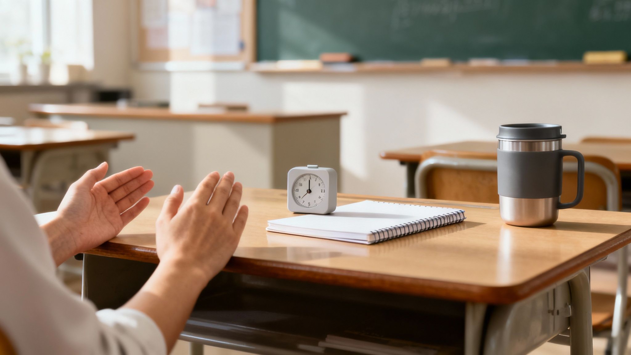 A teacher's desk with various tools and supplies, symbolizing a stress management toolkit.