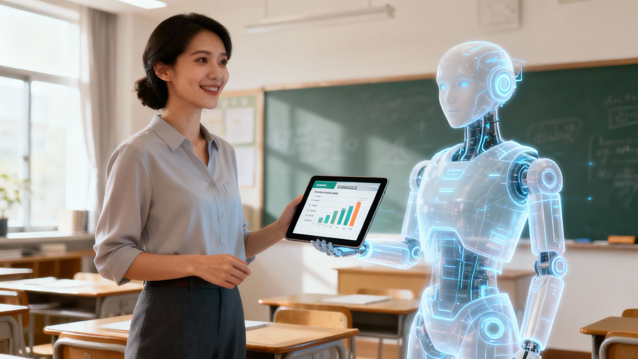 A teacher using a laptop in a well-lit classroom, appearing focused and organized with the help of AI tools.