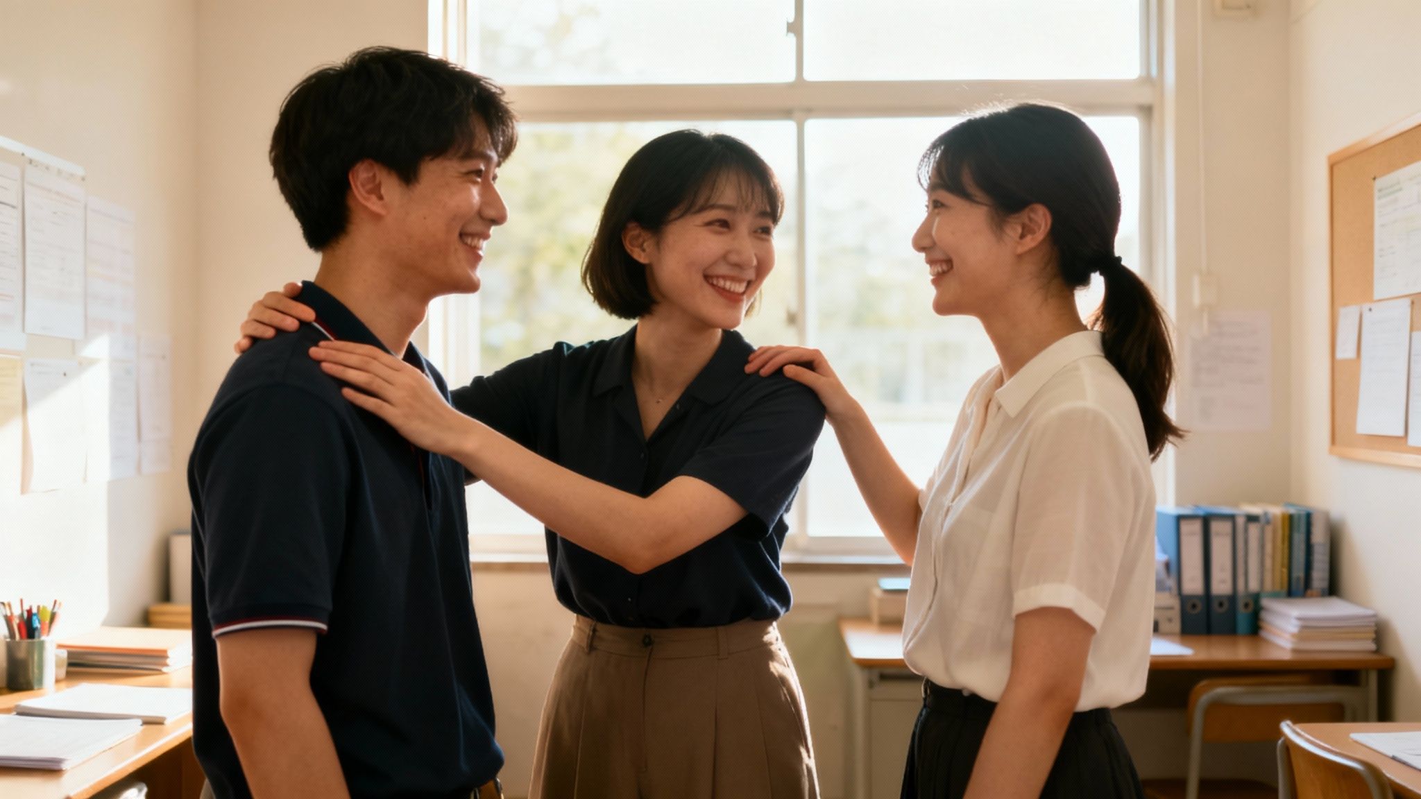 A group of teachers collaborating and smiling together in a school staff room.