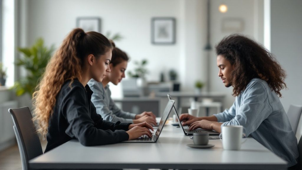 Students in a classroom working together on tablets, looking engaged and curious.