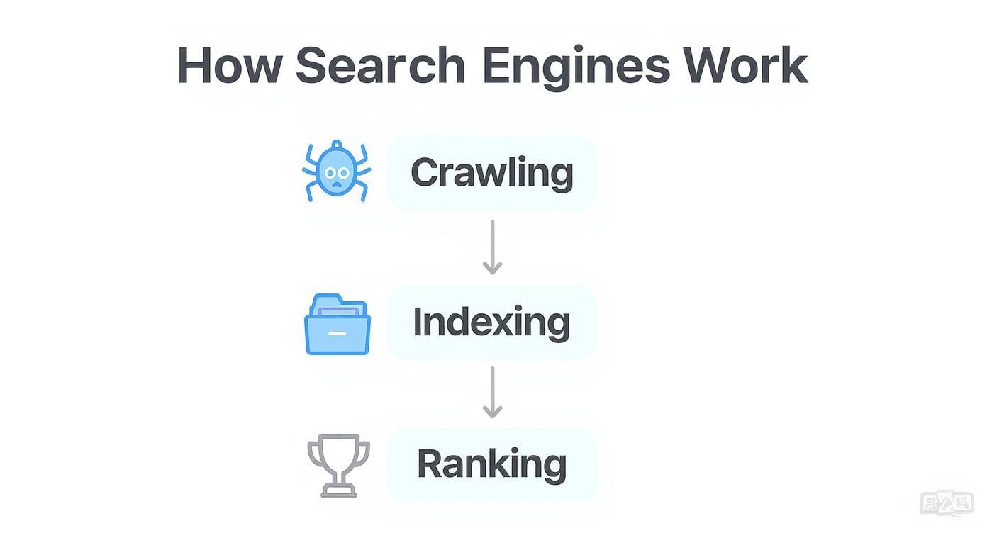 Infographic showing the three stages of how a search engine works: Crawling, Indexing, and Ranking.