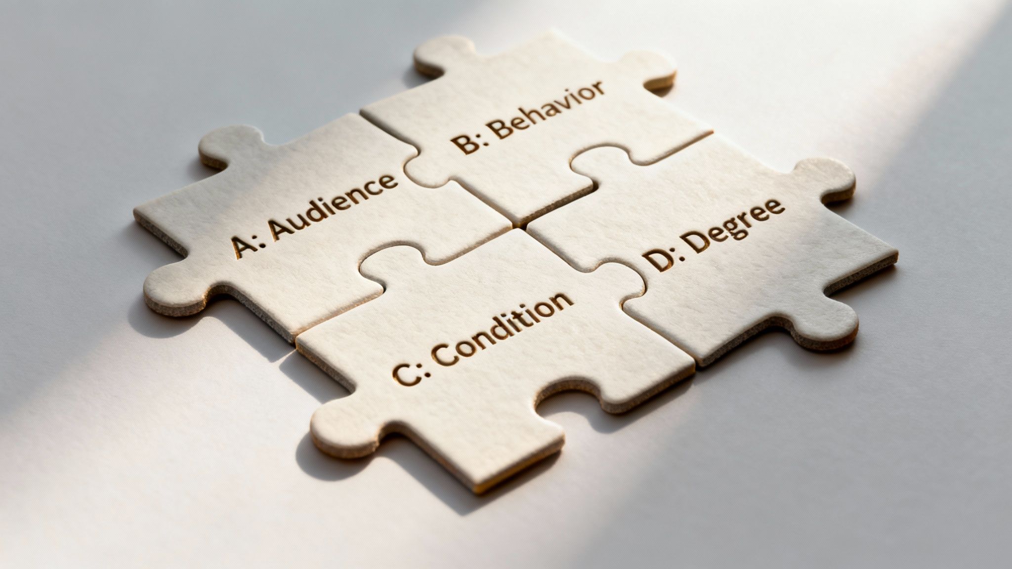 ABCD Method Objectives infographic showing the four components: Audience, Behavior, Condition, and Degree.