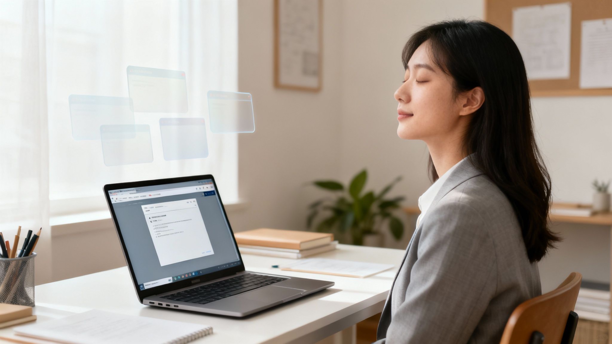 A person sitting in a calm, mindful pose with a serene background.