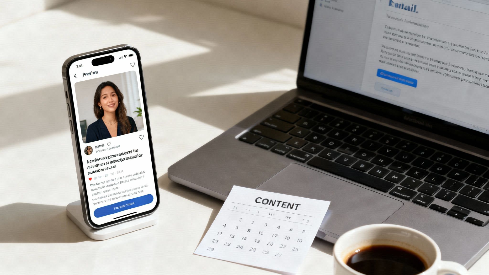 A person using a laptop and phone to market their digital products, with icons for social media, email, and charts floating around them.