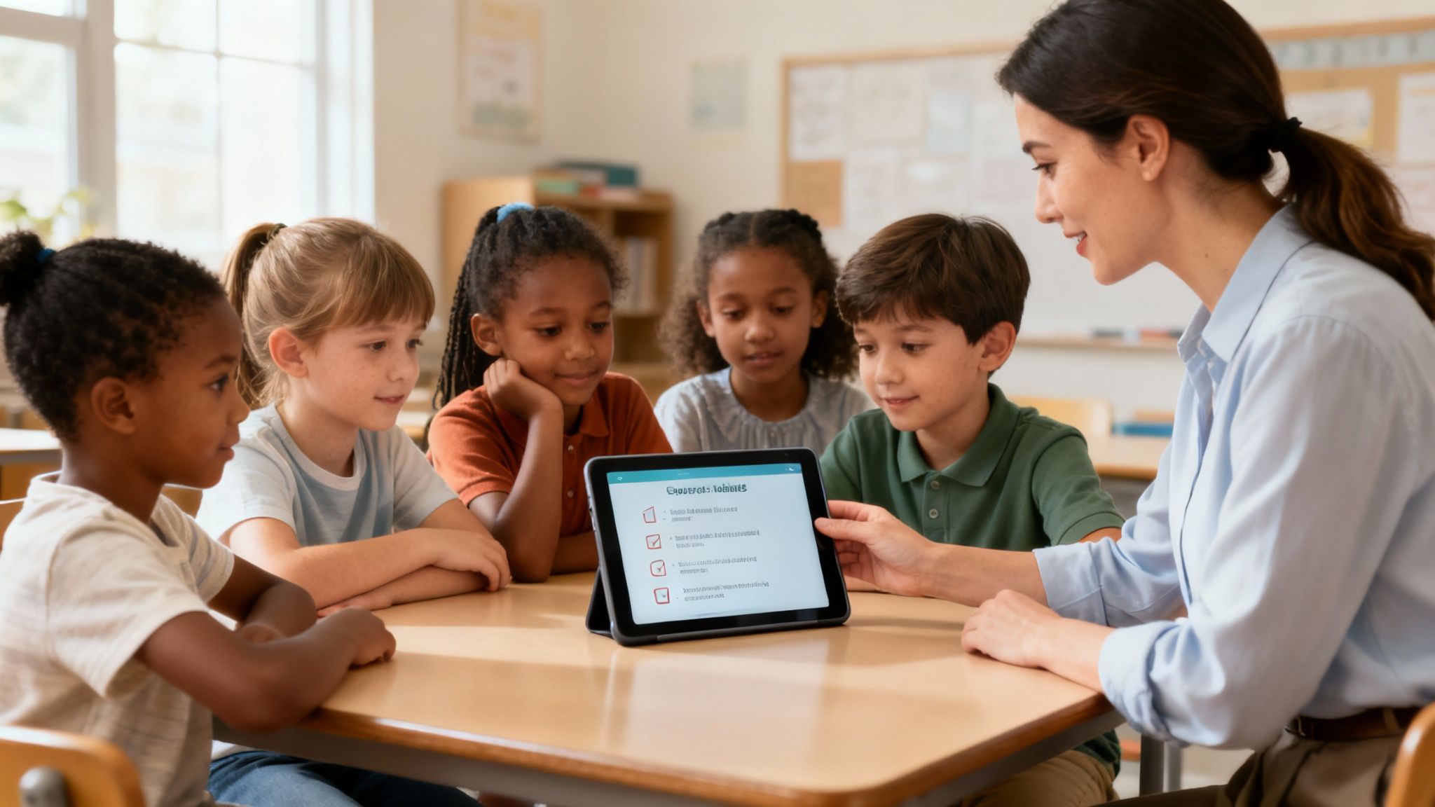 A female teacher smiling as she works on a laptop in a bright classroom.