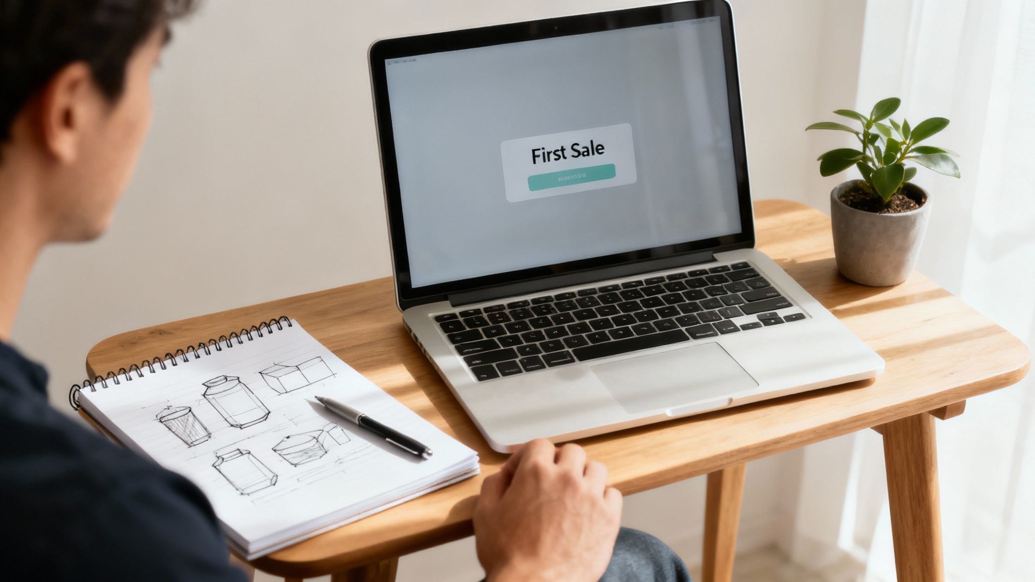 A person at a desk brainstorming digital product ideas on a laptop with sticky notes and a cup of coffee nearby.