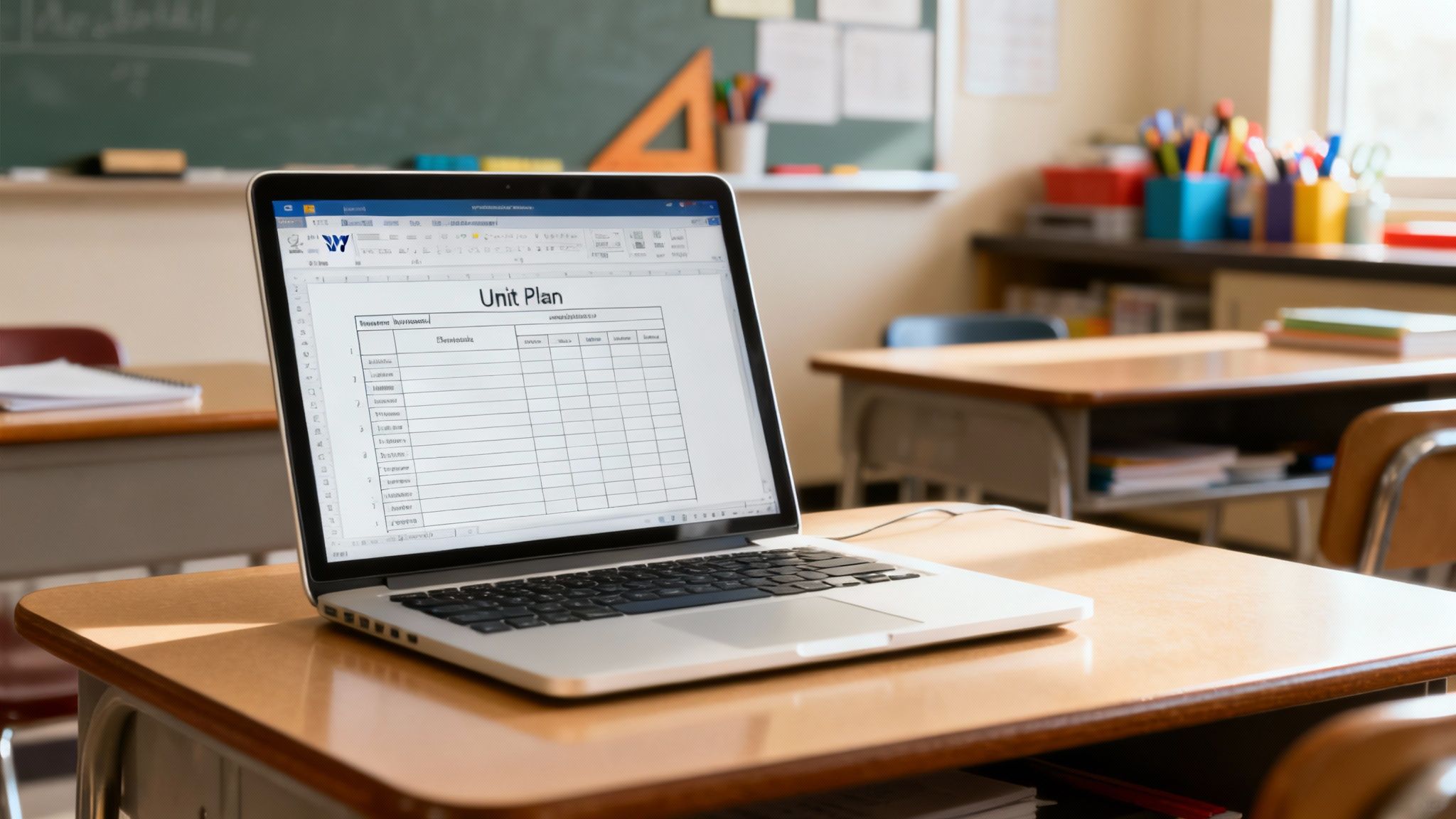 A teacher reviewing a unit plan template on a laptop.