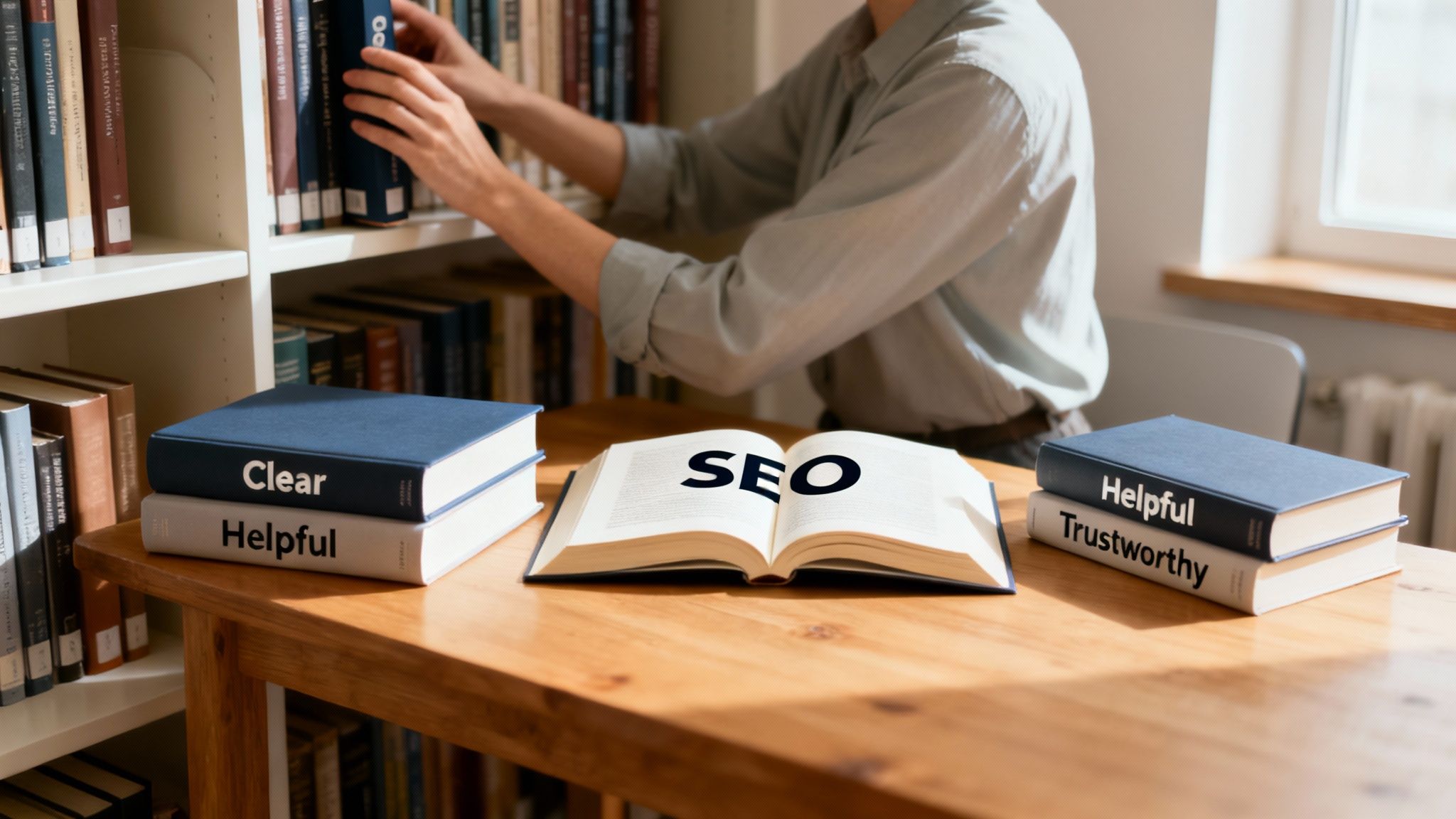 A person organizing books on a shelf, symbolizing how SEO organizes a website for search engines.
