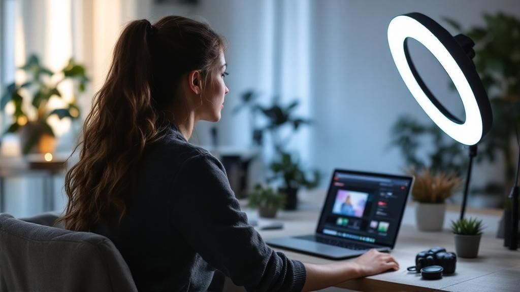 A person sitting at a desk with a laptop, notebooks, and a cup of coffee, creating a digital product.