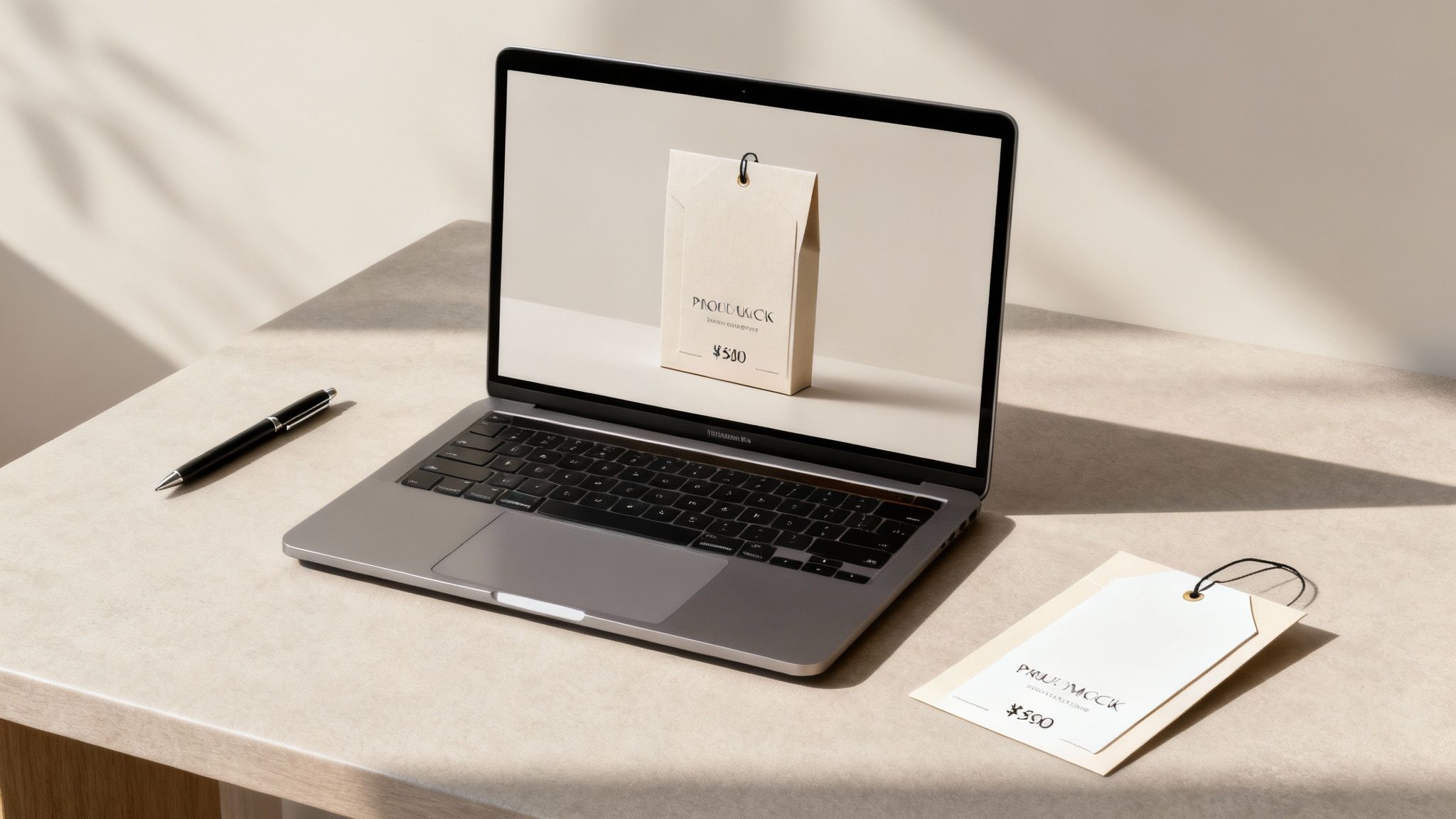 A beautifully designed digital product mockup on a laptop screen with a clean, modern aesthetic.