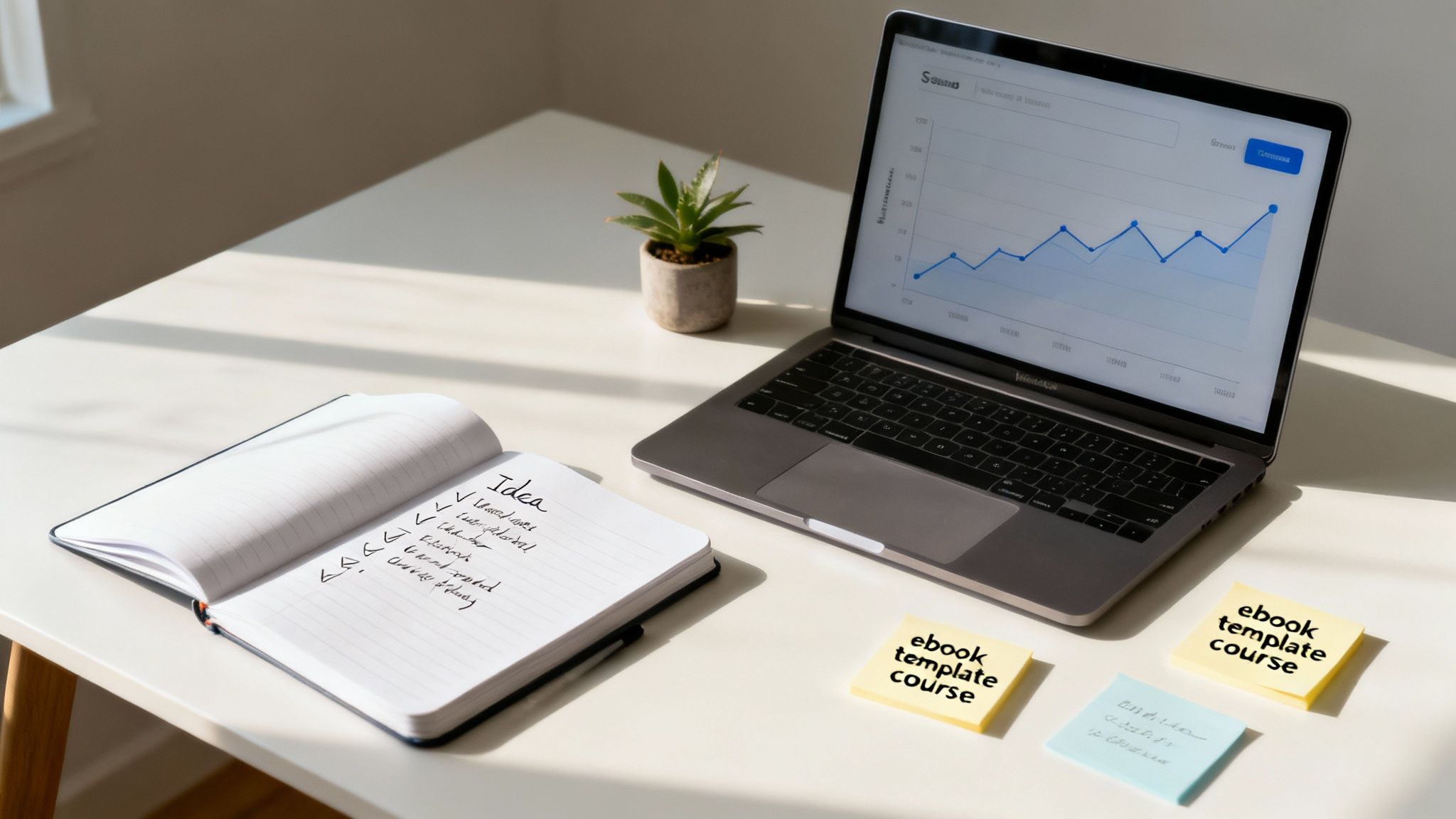 A person brainstorming digital product ideas at a desk with a laptop and sticky notes.