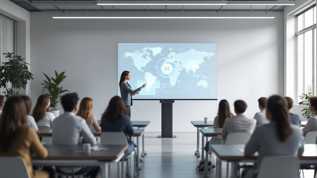 A teacher and student collaborating on a laptop, illustrating the integration of AI in education.