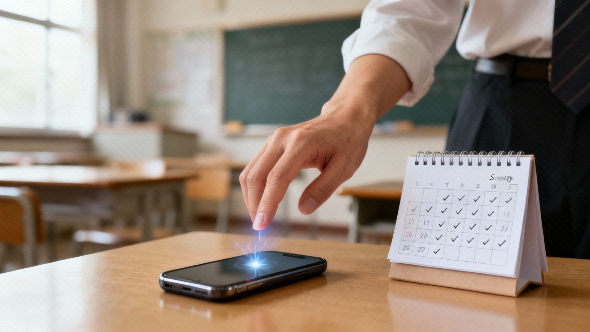 A teacher looks out a window with a stressed expression.
