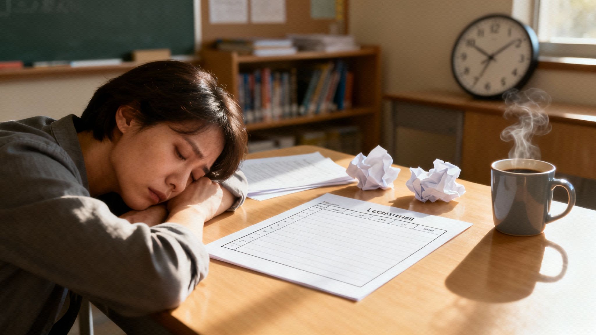 An educator looking stressed while planning lessons, surrounded by papers and a laptop.