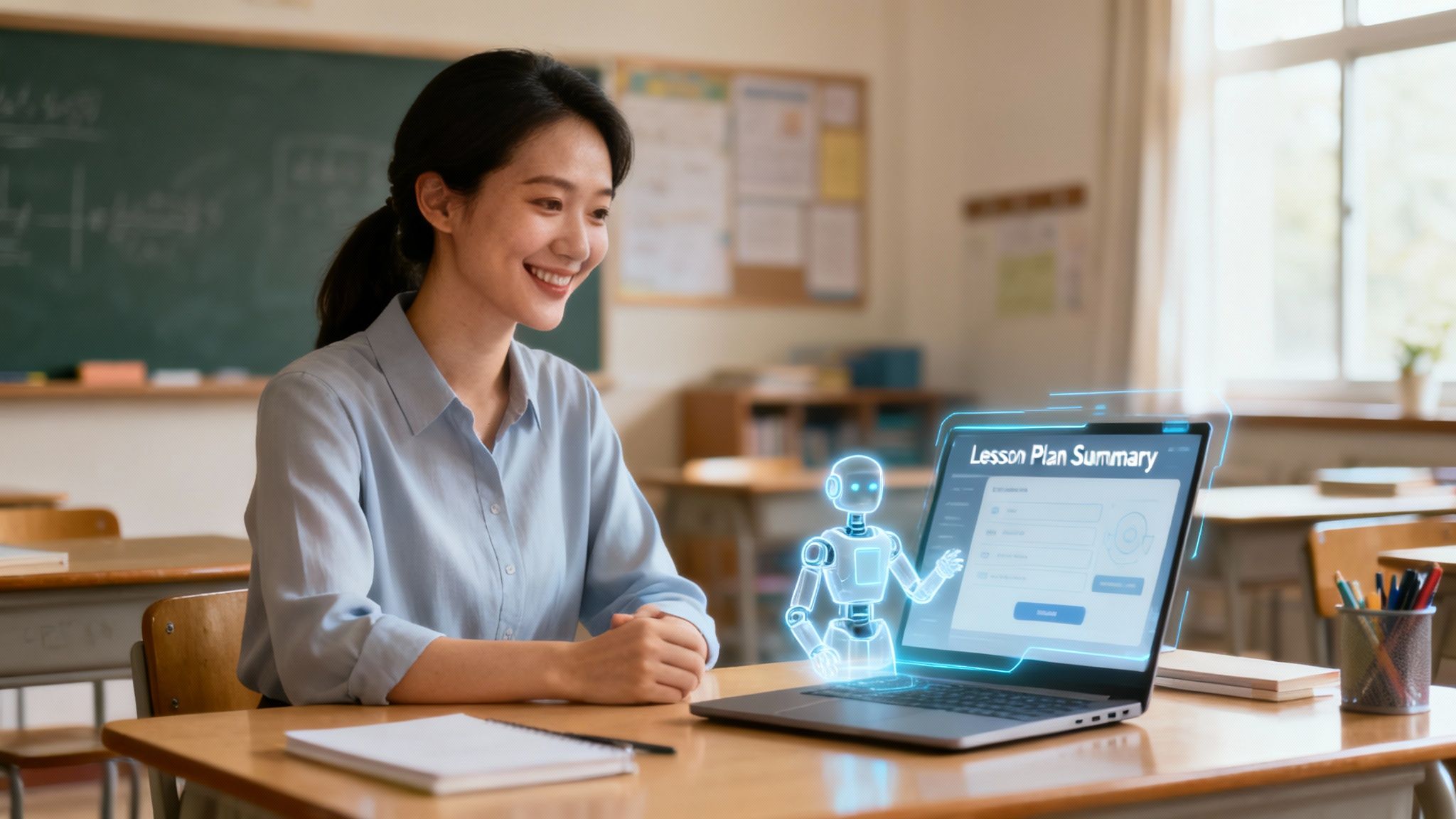A teacher using a tablet with students in a bright, modern classroom.