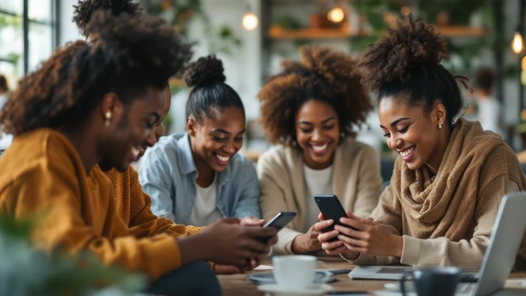 Woman smiling and looking at her laptop while sitting on her couch.