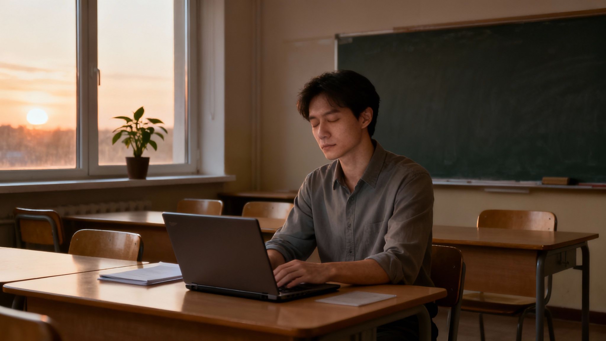 A teacher sitting at her desk looking tired and overwhelmed.
