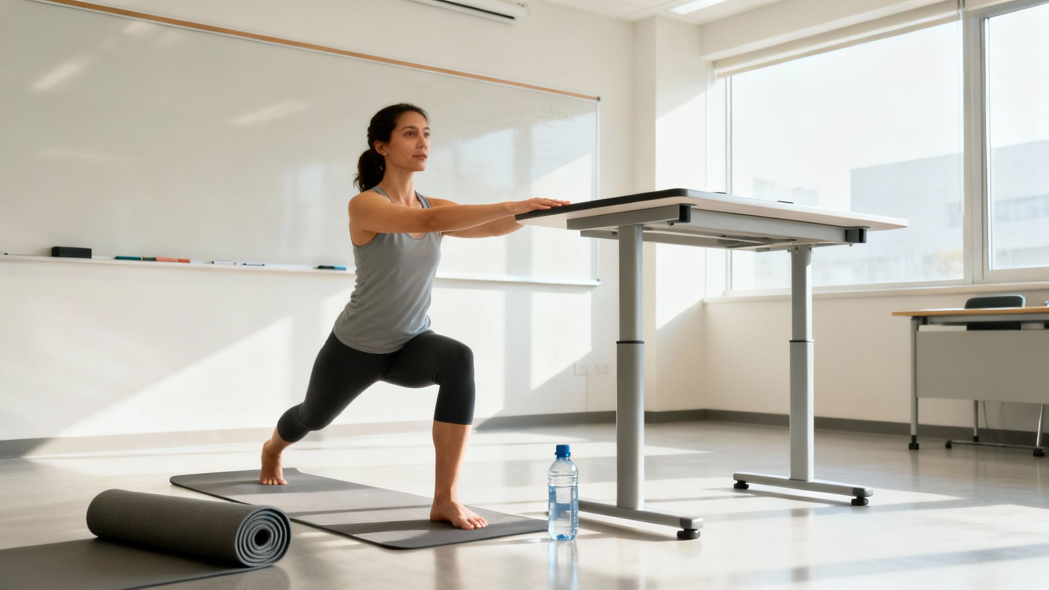 A teacher stretches on a yoga mat in their classroom before the school day begins, symbolizing the integration of exercise into the work routine.