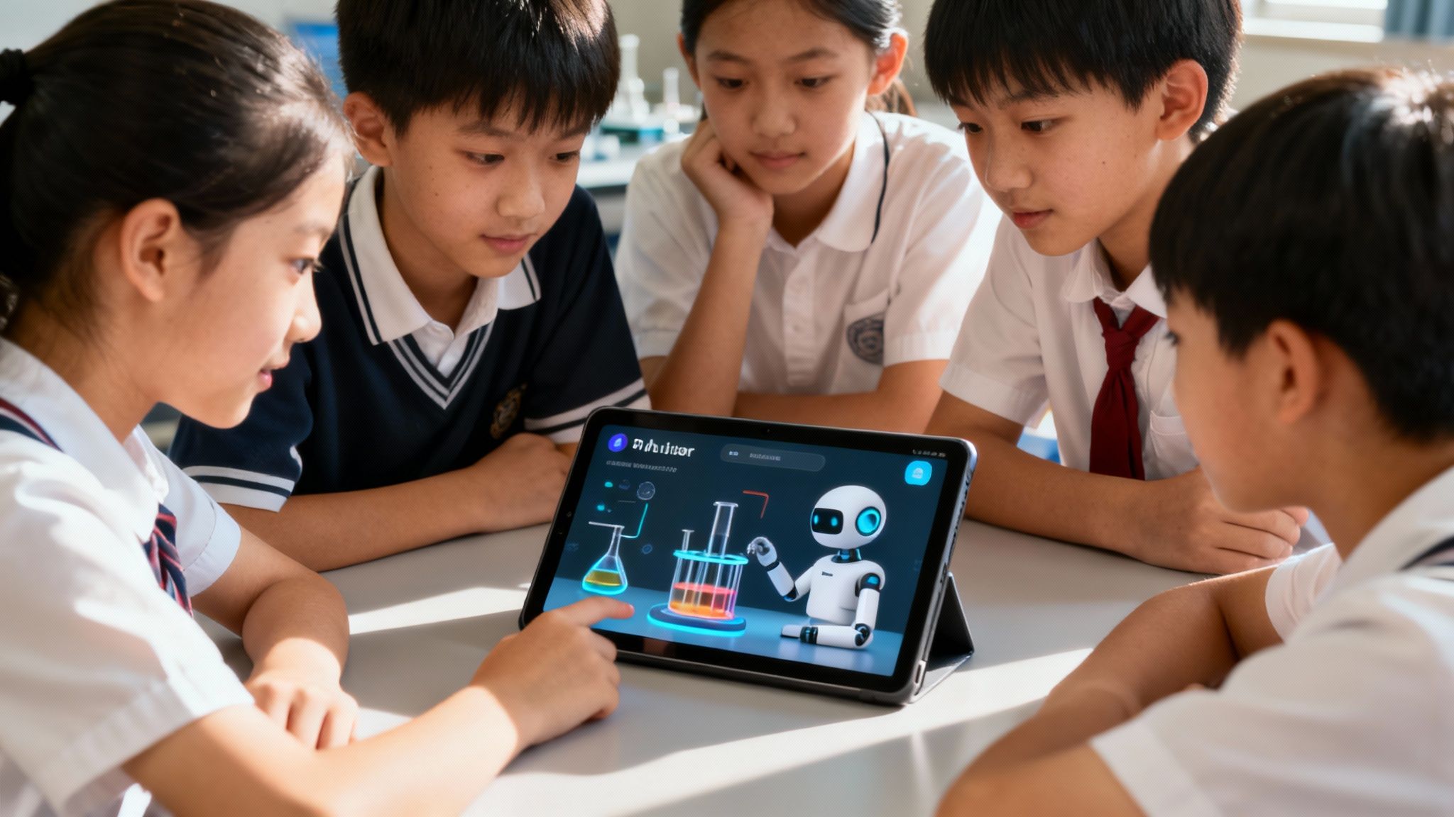 A student smiles while interacting with an educational AI tool on a tablet, with dynamic graphics on the screen.