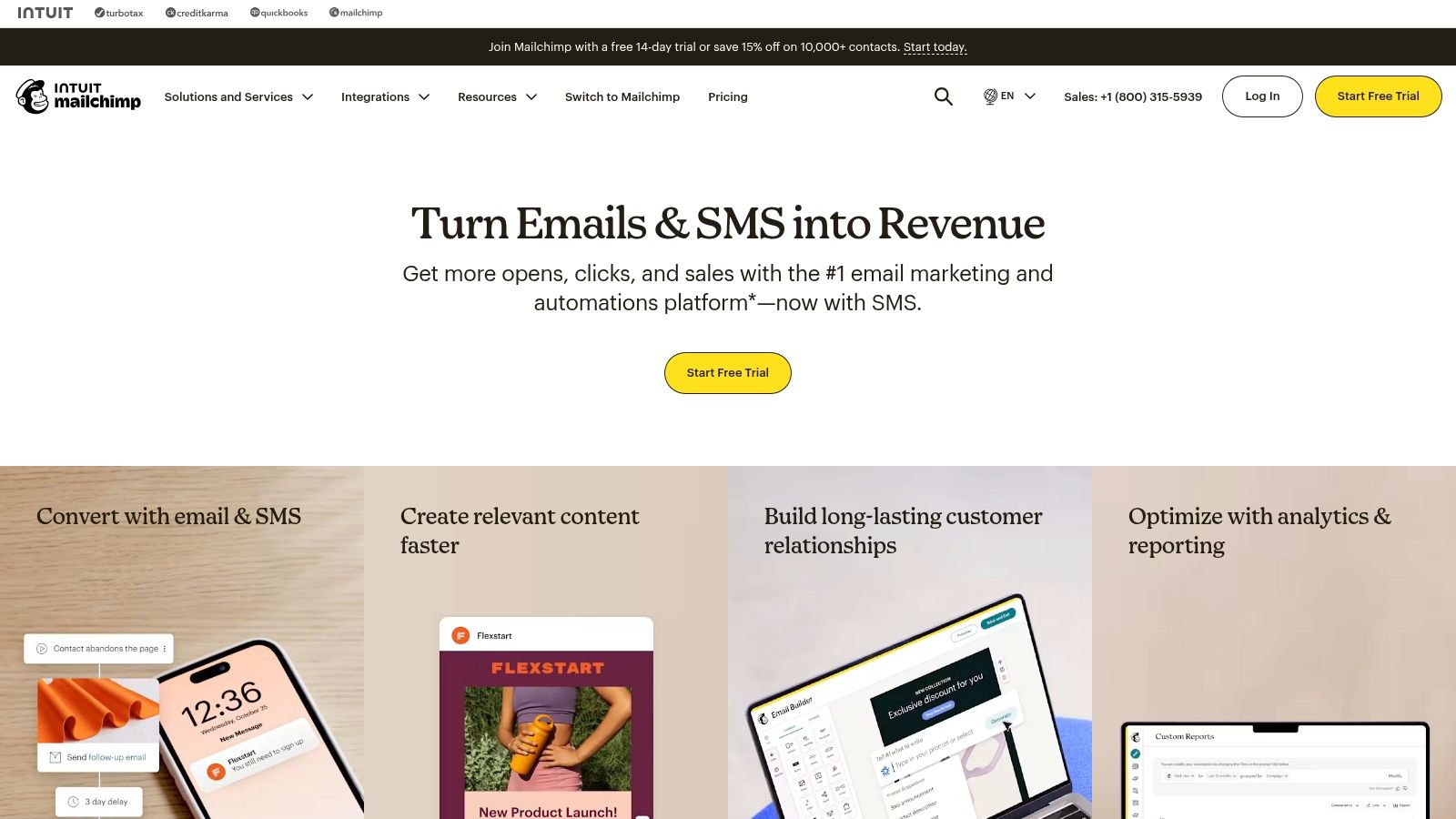 The Mailchimp dashboard showing the drag-and-drop email editor with various content blocks.