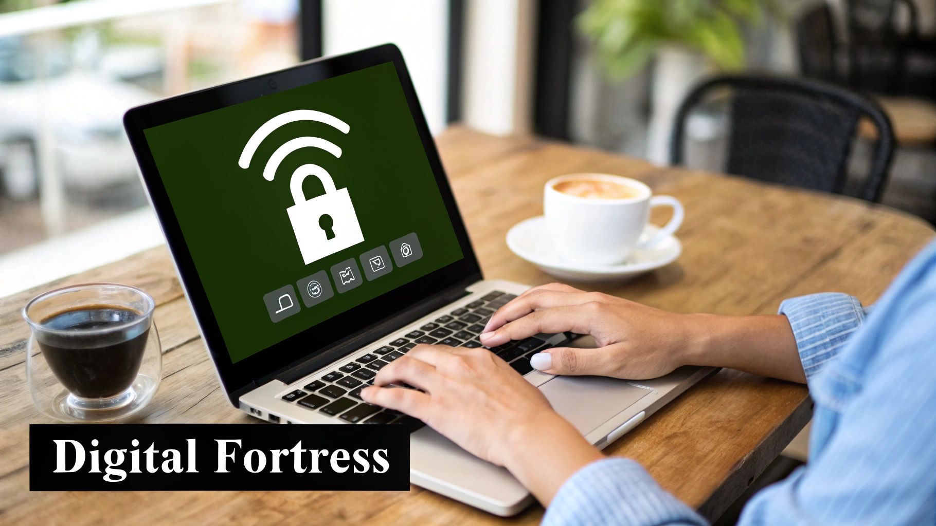 A modern office space with security cameras visible, highlighting physical security.