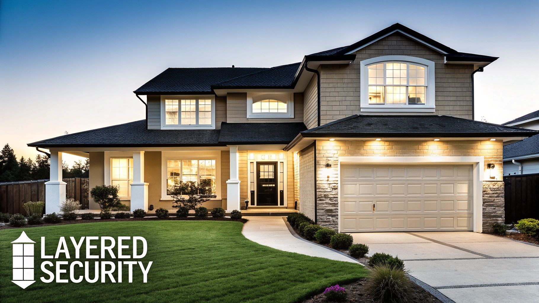 A modern home with smart security devices visible, such as a video doorbell and outdoor cameras.