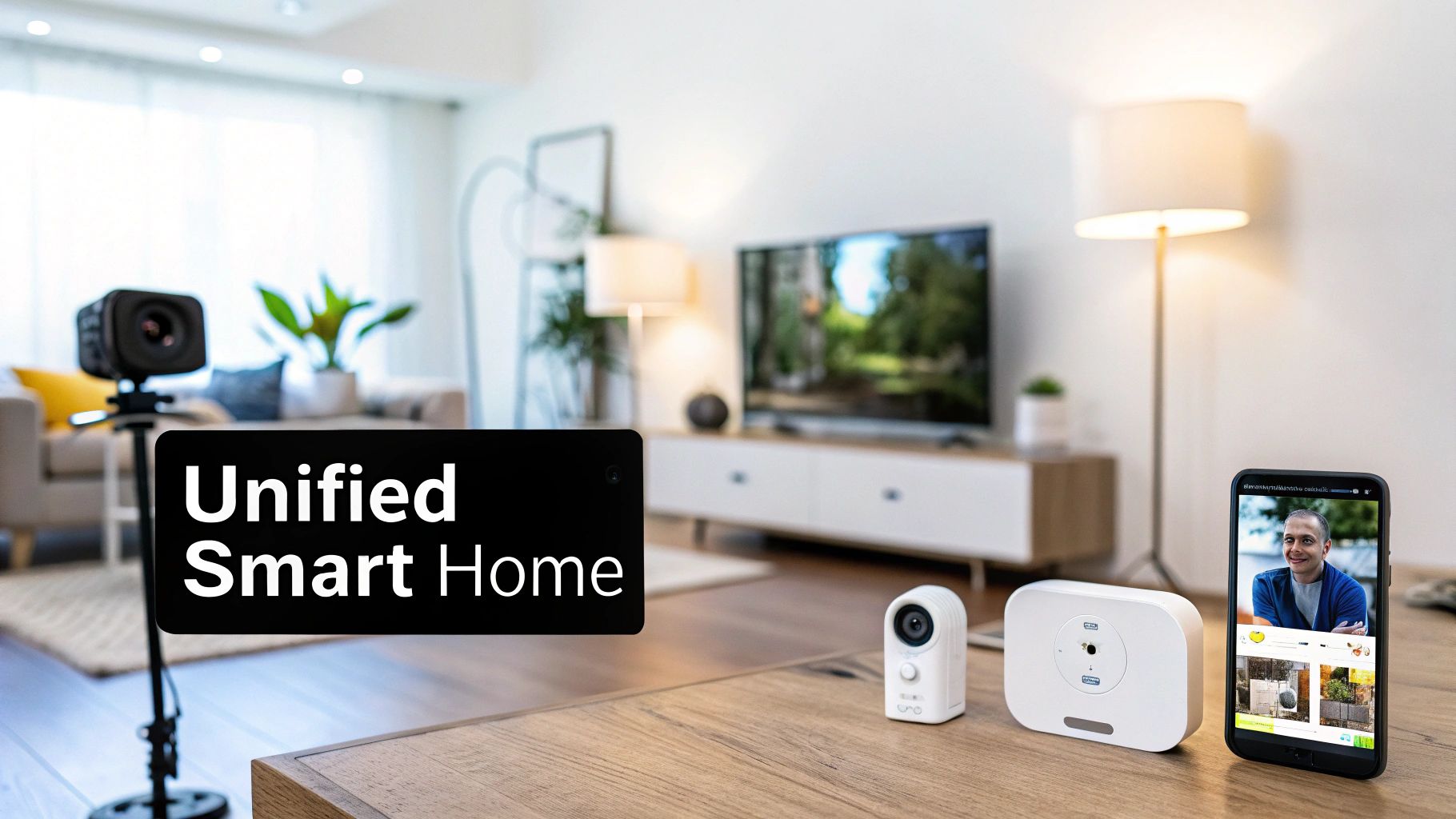 A living room at dusk with smart lights turning on, a smart thermostat on the wall, and a tablet showing a security camera feed, illustrating a connected home environment.