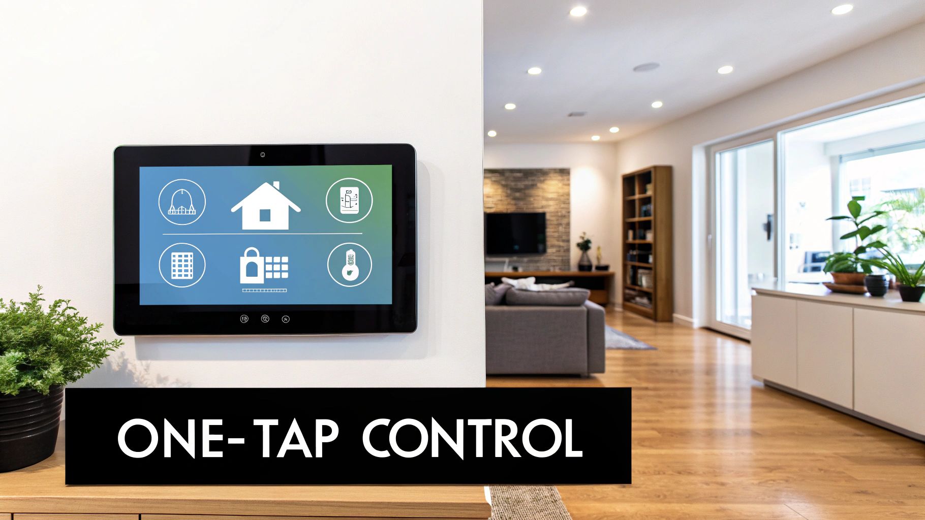 A person managing their smart home devices on the IRVINEi OVAL's touch screen.