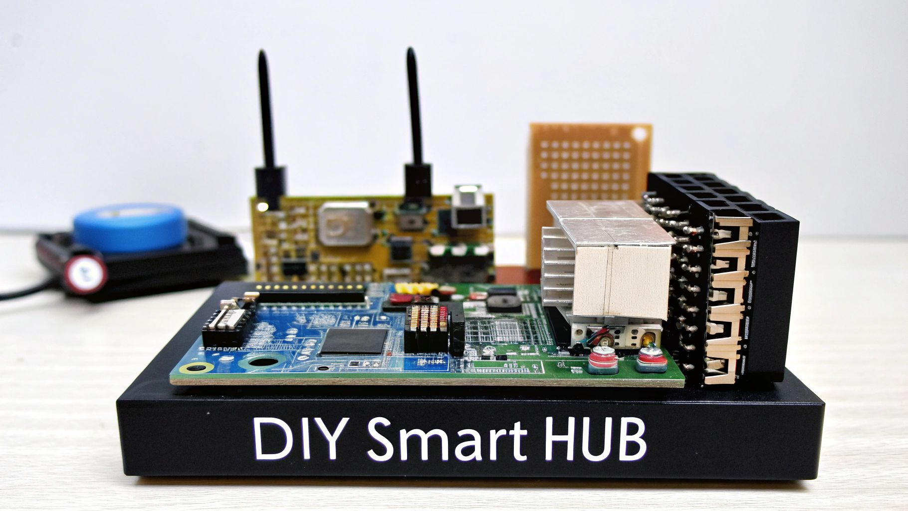 A Raspberry Pi and other electronic components laid out on a table, ready for a DIY project.