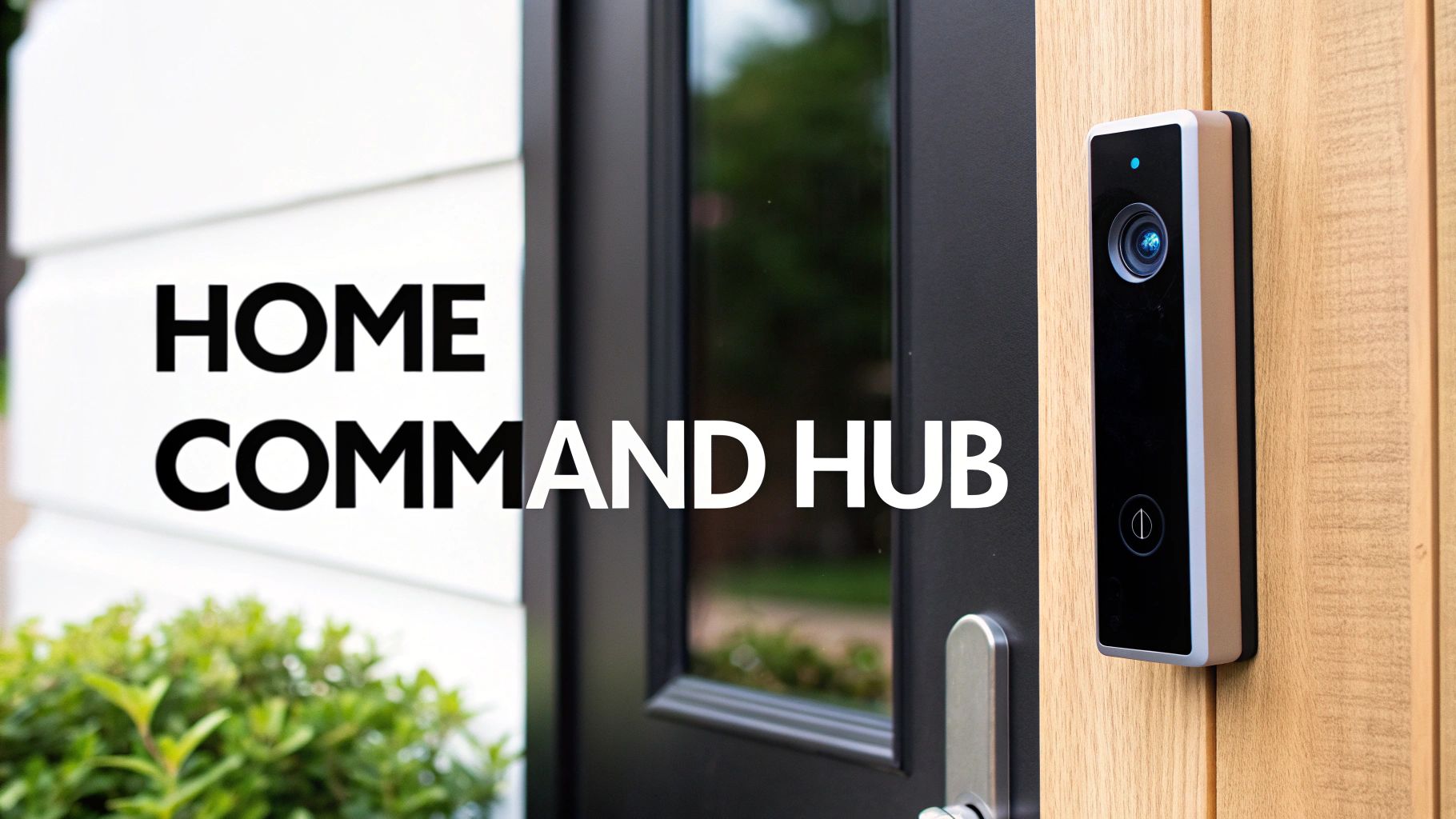 The IRVINEi OVAL smart doorbell mounted next to a front door, displaying its touch screen interface and showing a clear view of the entryway.