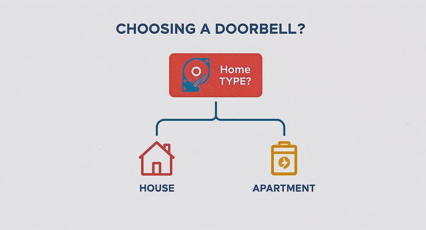 Infographic showing a decision tree for choosing a smart doorbell based on living in a house versus an apartment.