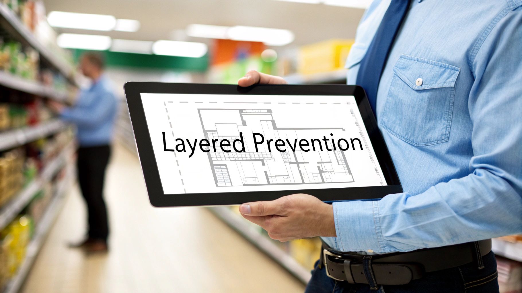 A store manager reviewing security data on a tablet, with the IRVINEi OVAL visible in the background, illustrating a multi-layered prevention plan.