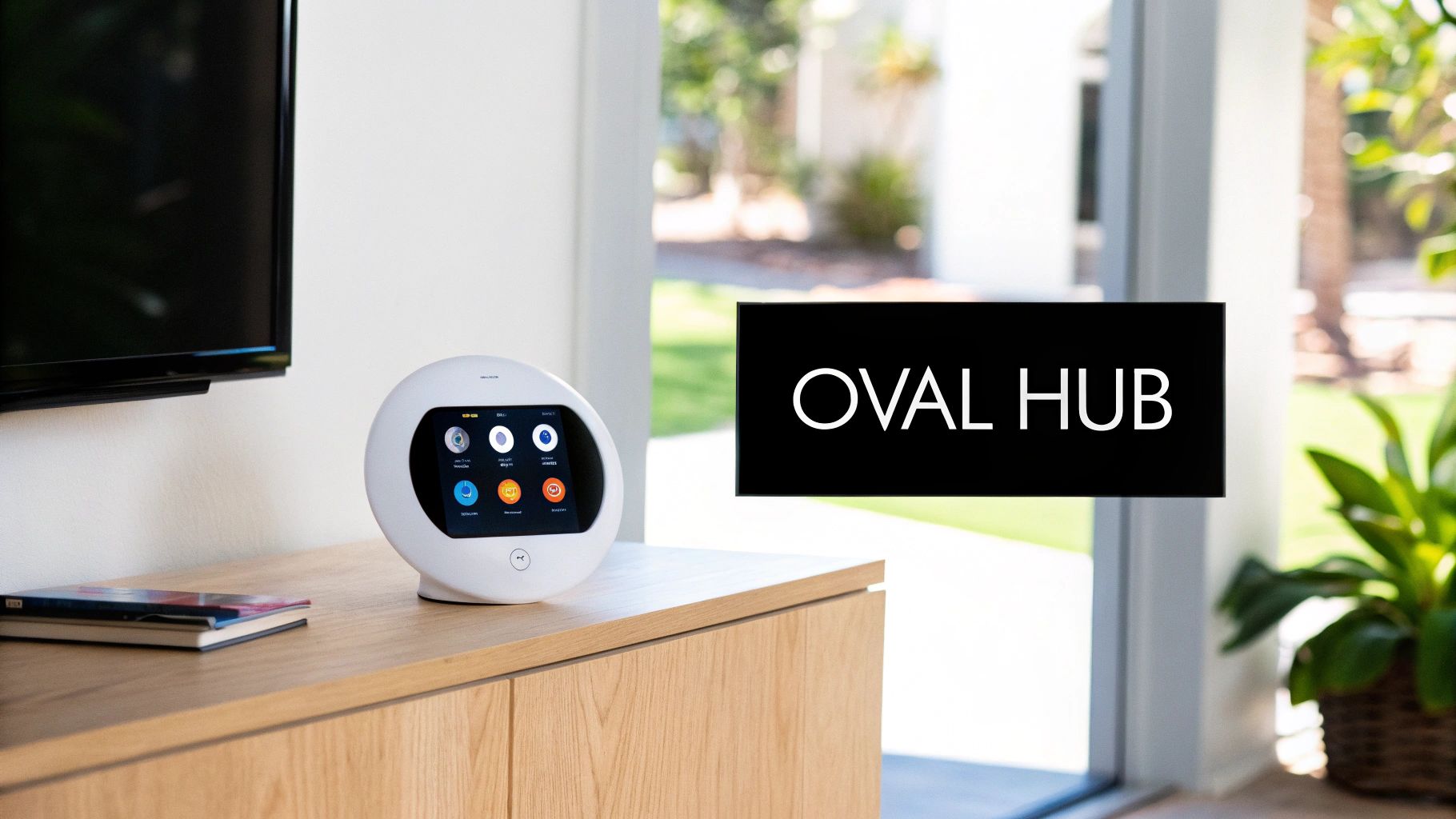 An IRVINEi OVAL smart home hub installed on a modern home's exterior wall.