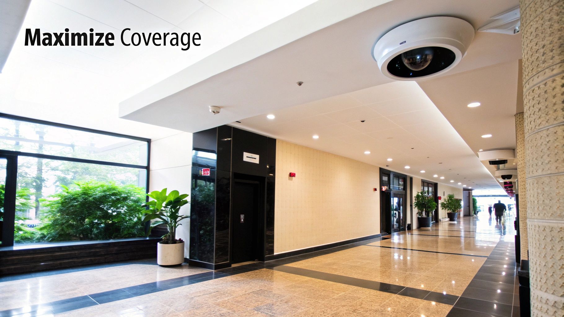 A security camera mounted on an apartment building wall, overlooking a common area