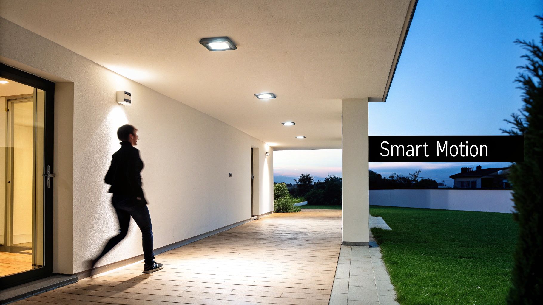 A motion sensor mounted on a wall in a modern smart home.