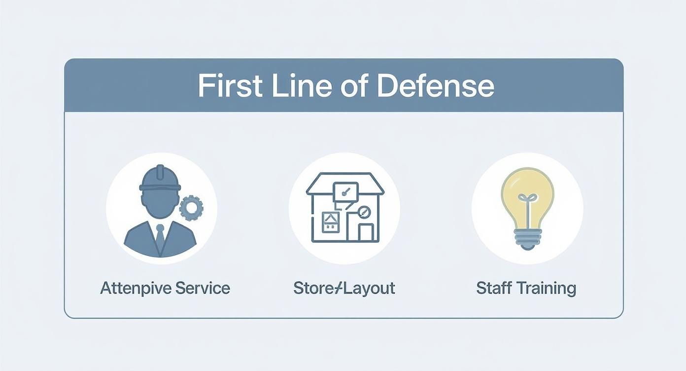 Infographic showing icons for Attentive Service, Store Layout, and Staff Training as the first line of defense against shoplifting.