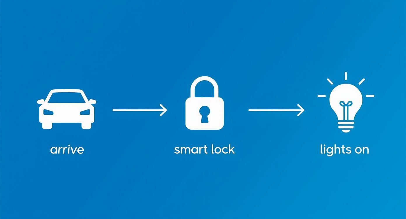 An infographic showing a three-step home automation process: a car icon for arriving, a smart lock icon for unlocking the door, and a lightbulb icon for lights turning on.