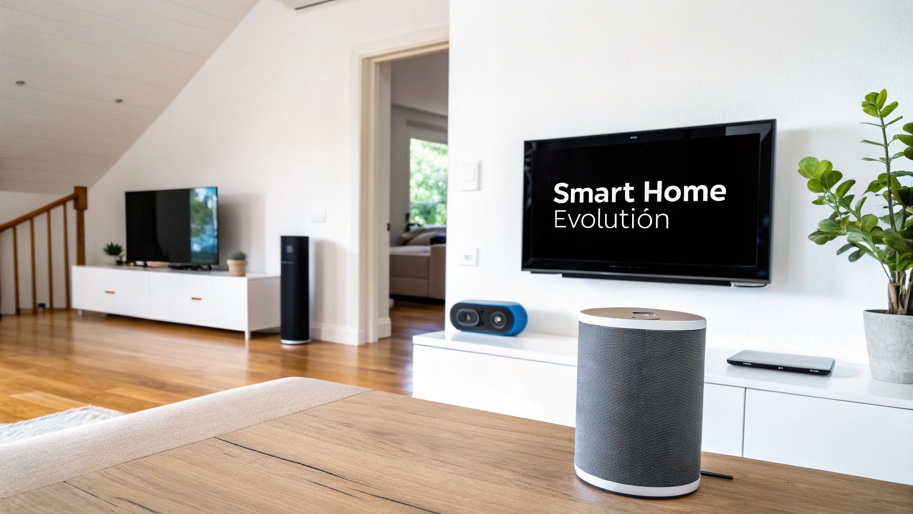 A modern smart home with interconnected devices like security cameras and smart lighting, all managed from a central hub.