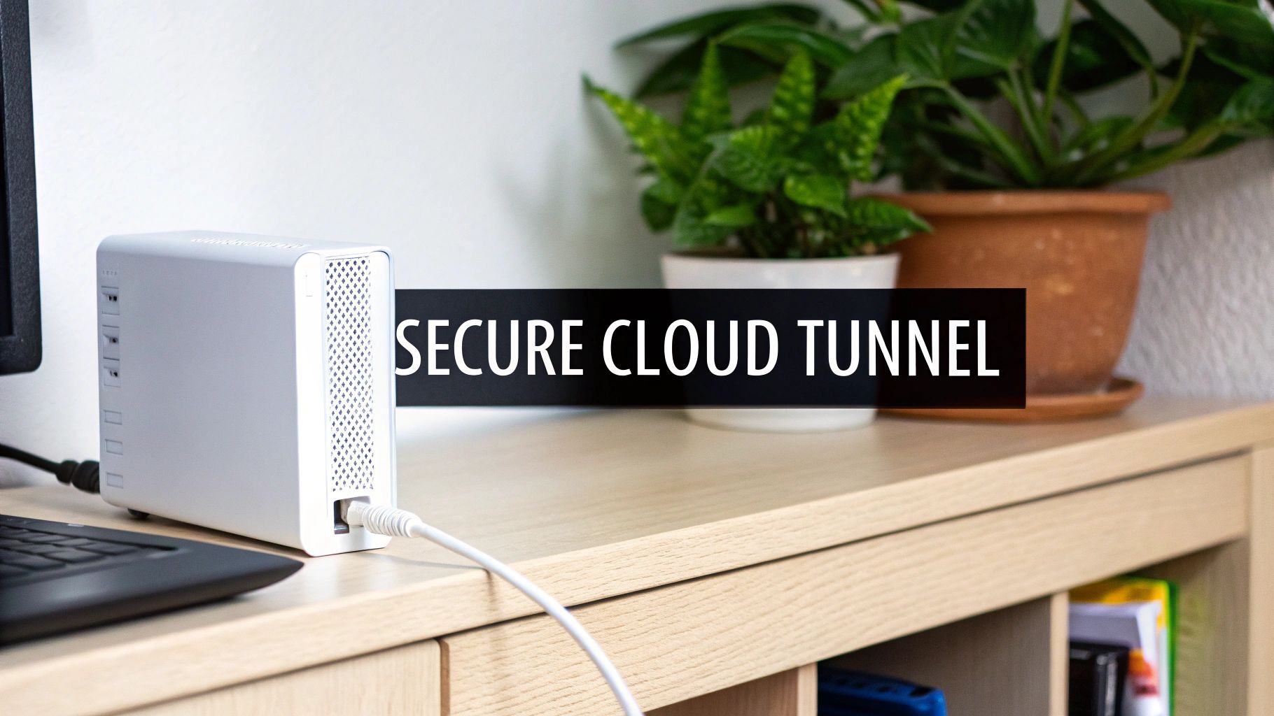 A modern, abstract representation of a secure tunnel connecting a home to a cloud network, symbolizing Cloudflare's security.