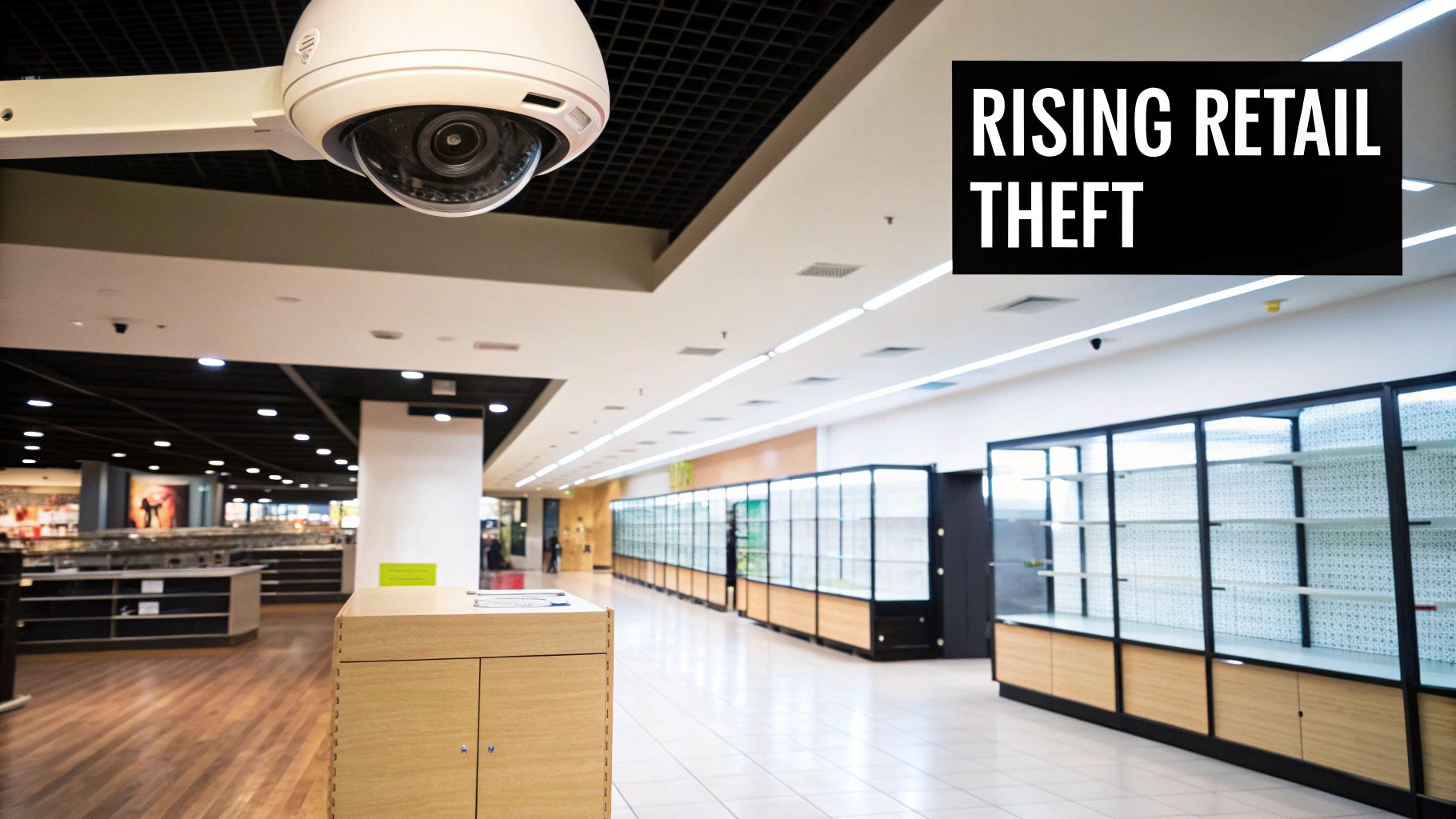 A retail store aisle with a security camera visible in the background, indicating a focus on theft prevention.