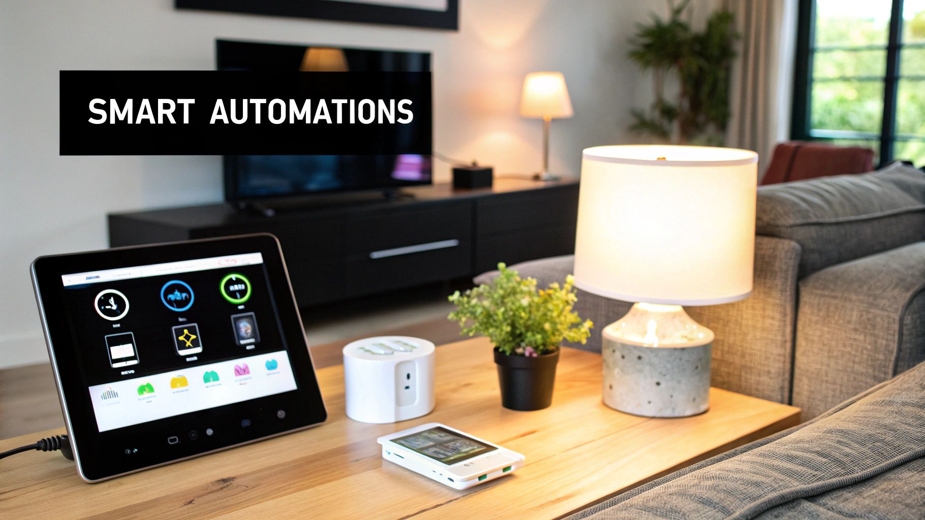 A smartphone screen showing a 'Welcome Home' automation that turns on lights and adjusts the thermostat.